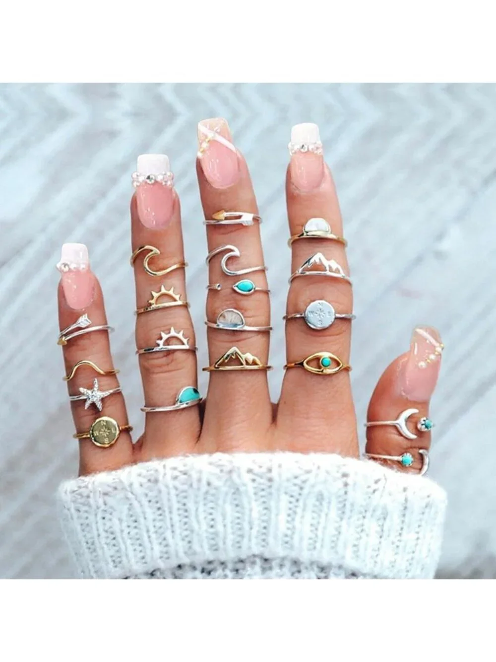 Women's Silver&Gold Zinc Silver Star Moon Vintage Stack able Knuckle Ring Set